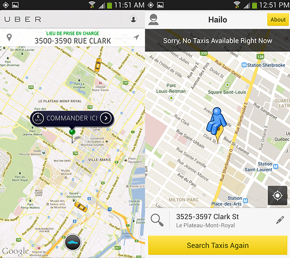 Capture d'écran de Uber et Hailo.
