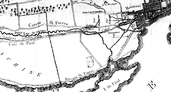Carte de Montréal datant de 1834 démontrant l'emplacement de la piste de Verdun.