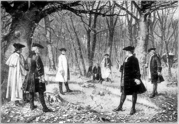 Image représentant un des duels les plus connus de l'histoire américaine entre les politiciens Hamilton et Burr.