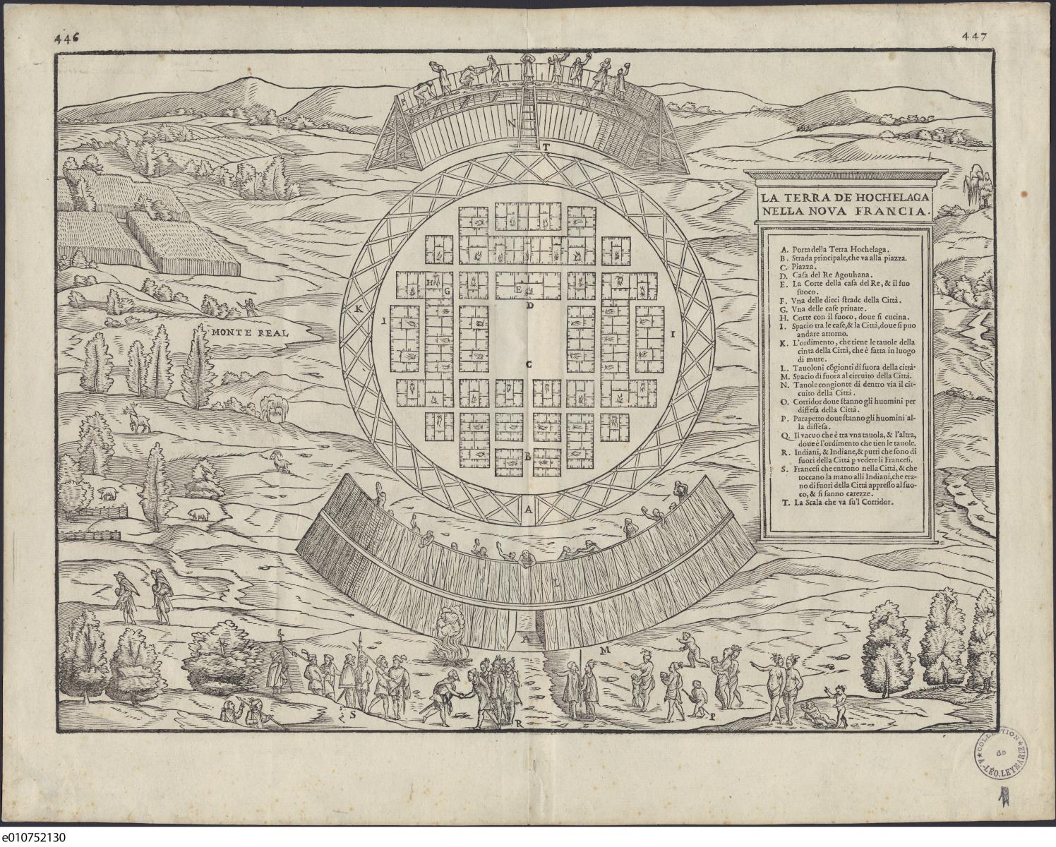Ce plan figuratif de Gian Baptista Ramusio présente la bourgade d'Hochelaga selon les instructions de Jacques Cartier.