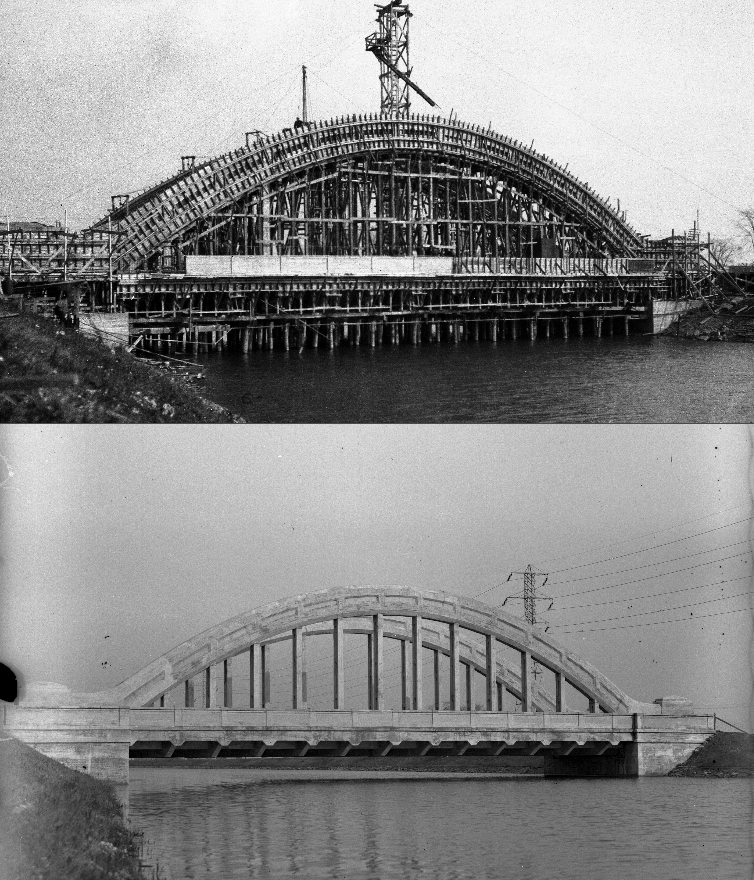 Le pont Jolicoeur en construction au dessus de l'aqueduc