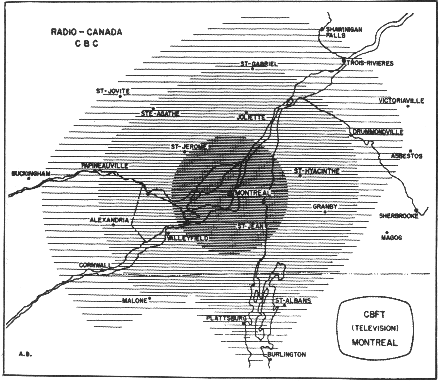 Carte du rayonnement approximatif de CBFT — Montréal, en septembre 1952.