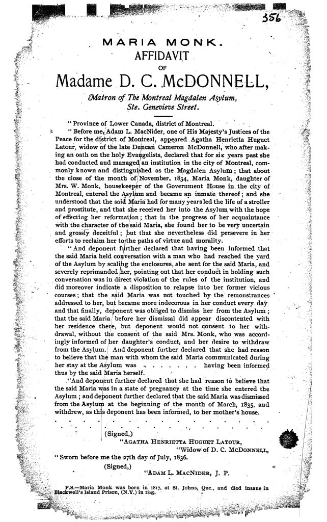 Lettre de Mme D.C. McDonnell sur Maria Monk